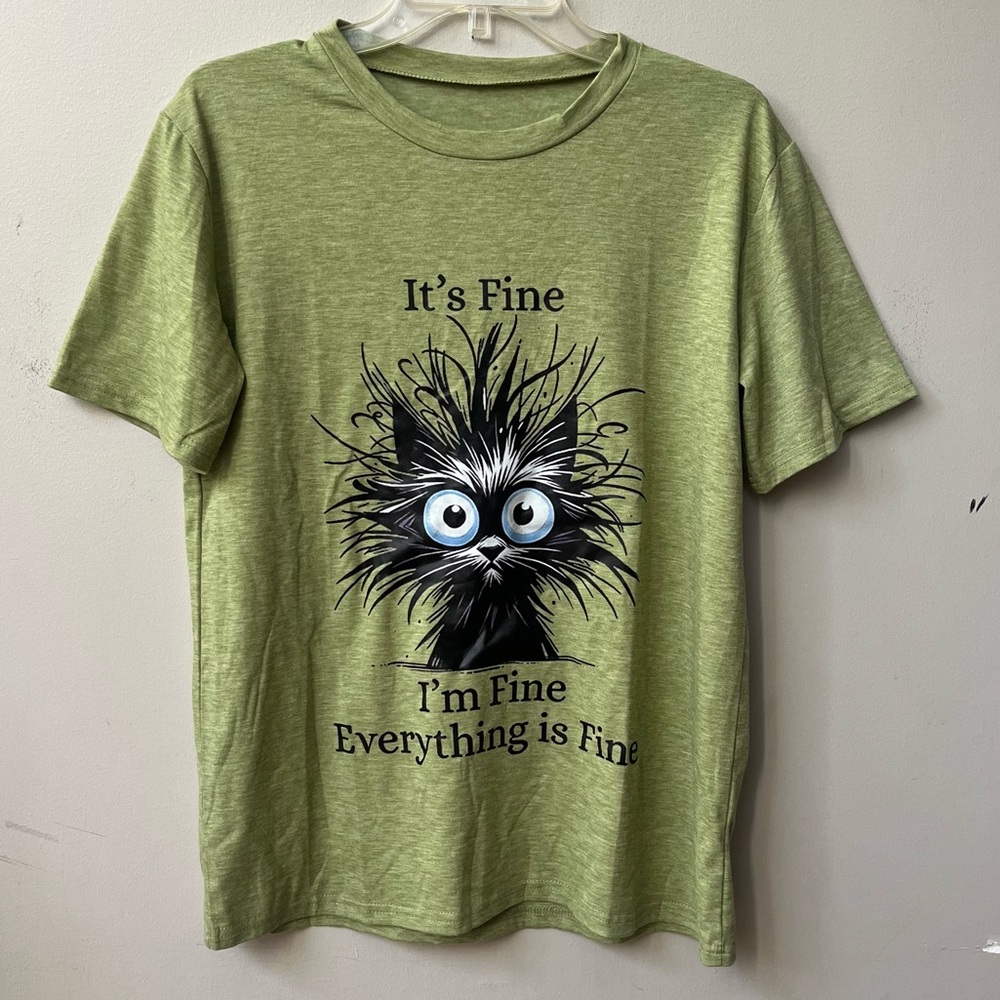Short Sleeve Crewneck Graphic T Shirt Cartoon‎ Cat Print Medium Green
